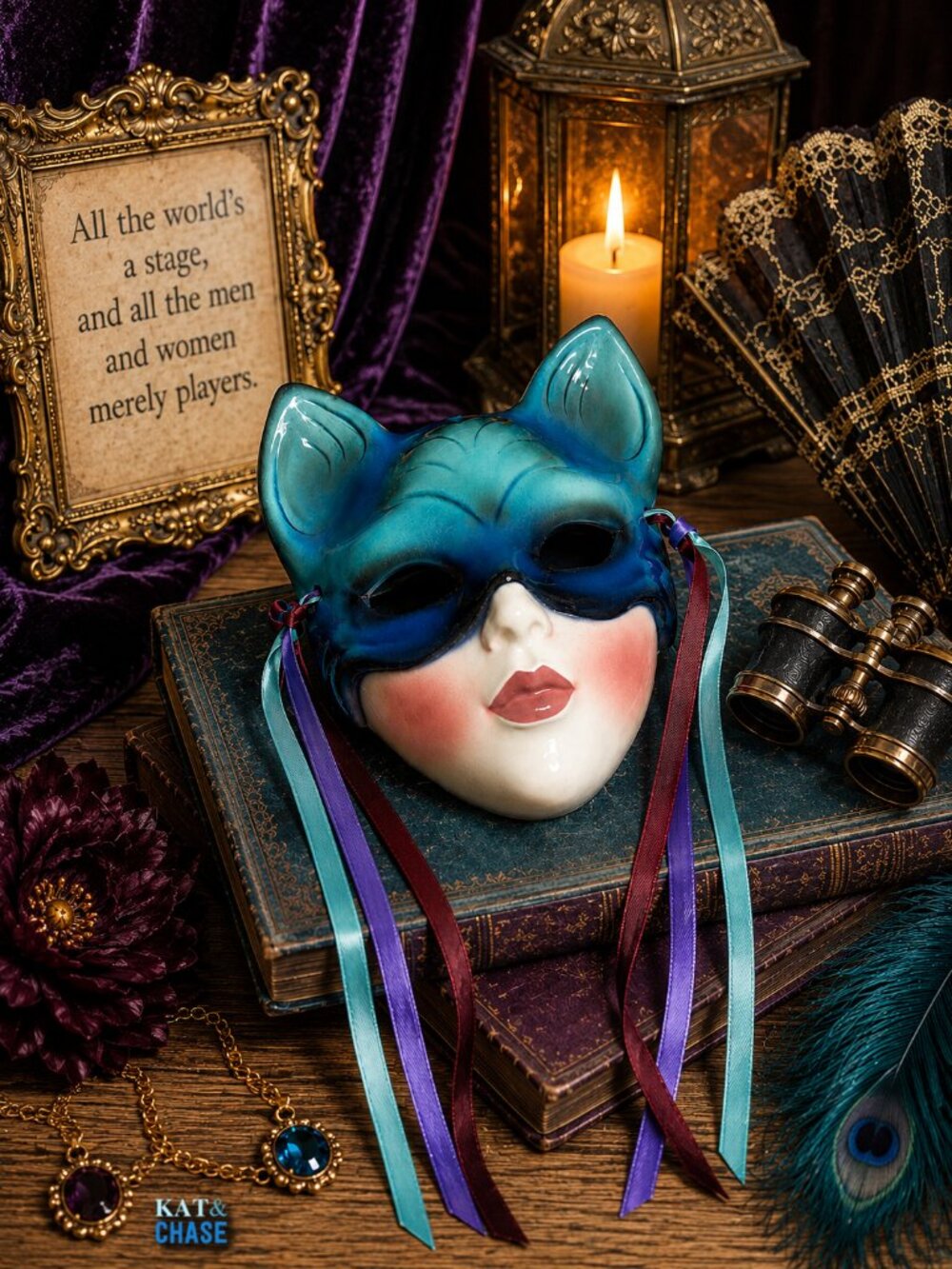 Vintage Decorative Clay Art Ceramic Cat 9.5" Masquerade Mask Wall Decor